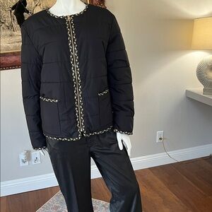 Chico's Black Quilted Puffer Jacket with Gold Trim